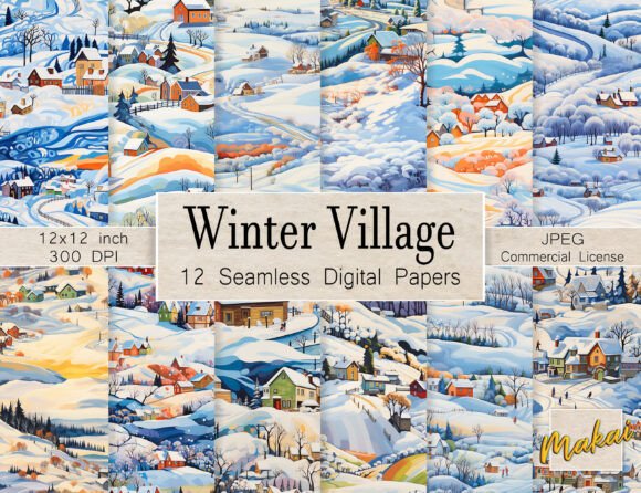 12 Xmas Winter Village Seamless Patterns