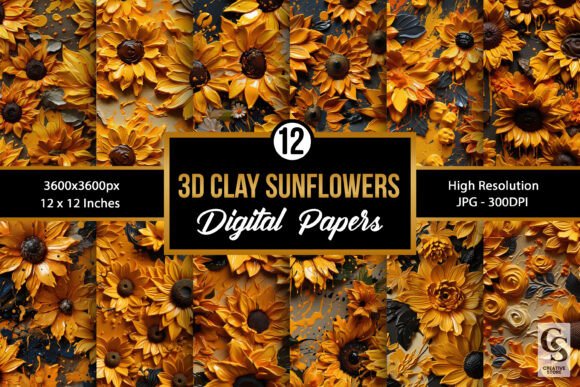 3D Clay Sunflowers Seamless Patterns
