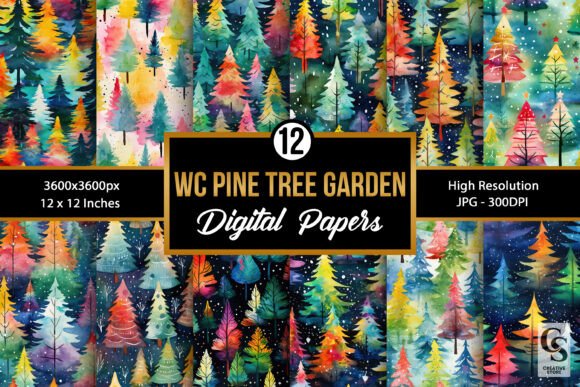 Colorful Watercolor Pine Trees Patterns for Creatives