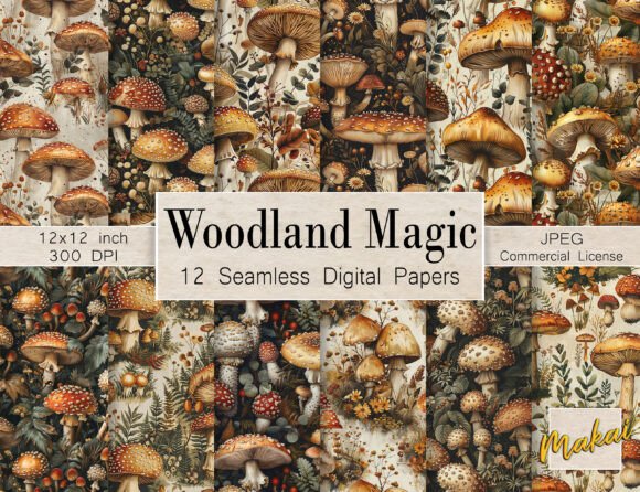 Woodland Magic: Unveiling the Enchantment of 12 Retro Mushroom Botanical Patterns